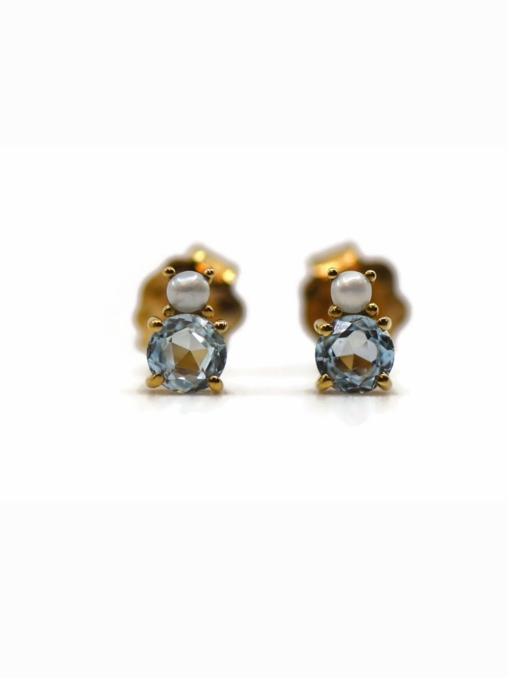 Tous Gold Stud Earrings with Blue Topaz and Pearl Accents